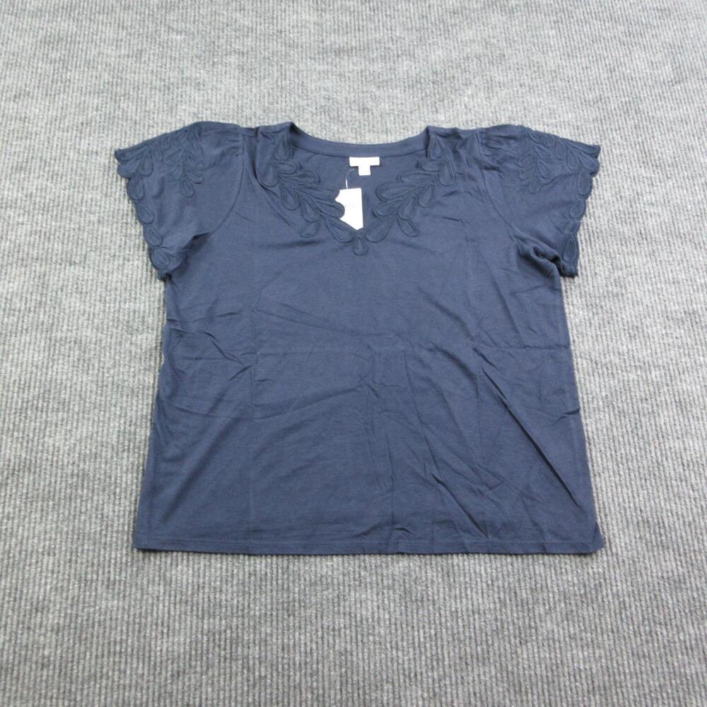 J. Jill Shirt Womens L True Navy Embroidered V-Neck Jersey Short Sleeve Tee NWT